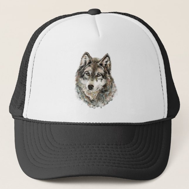 Casquette Aquarelle Gris Loup Loups Faune Nature Art (Devant)