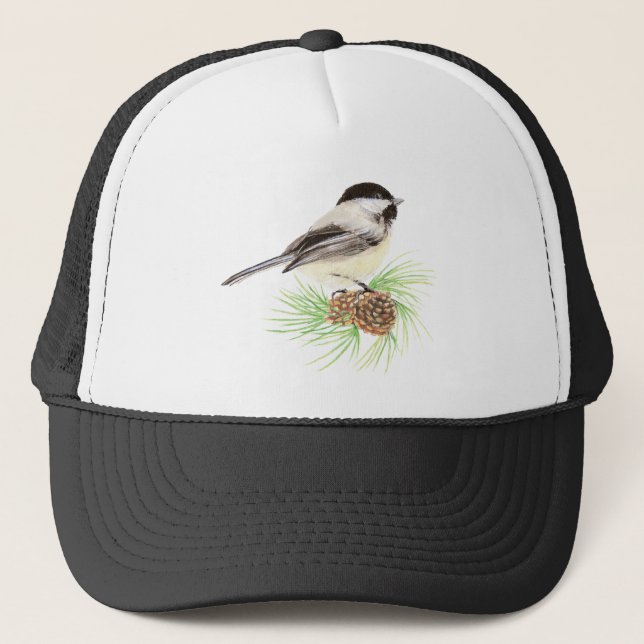 Casquette Aquarelle mignonne Pickadee Bird Pine Tree (Devant)
