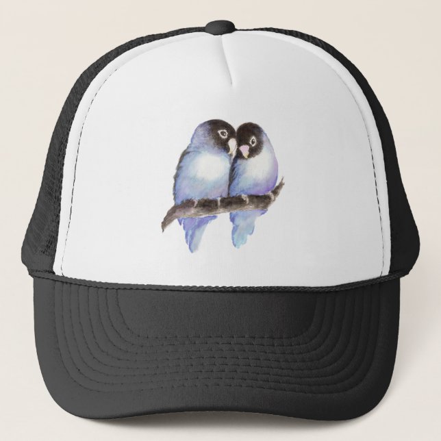 Casquette Aquarelle originale Bleu Lovebirds, Oiseau (Devant)
