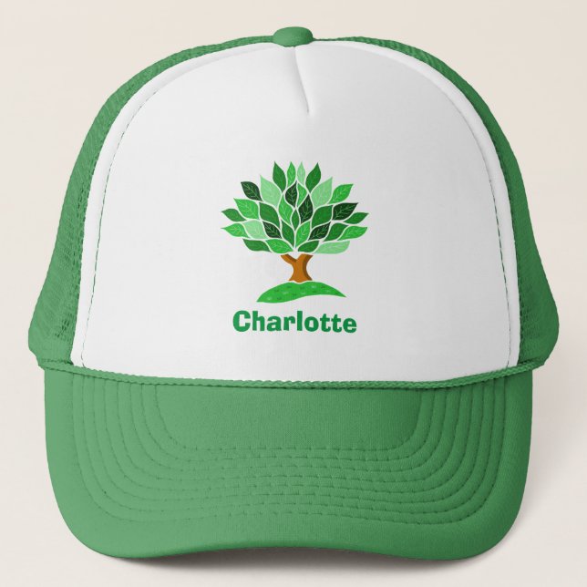 Casquette Arbre avec Feuilles verts. Ajouter un nom. Casquet (Devant)