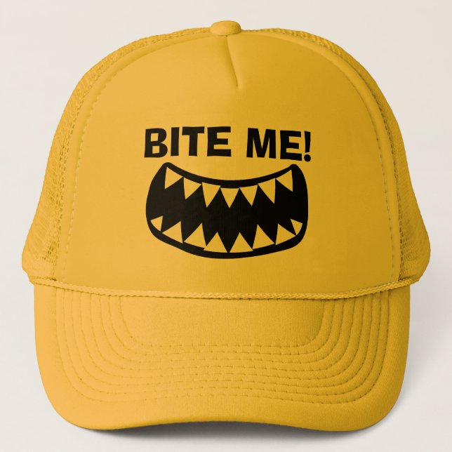 Casquette Bite Me drôle chapeau de camionneur jaune pour lui (Devant)