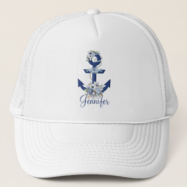Casquette bleu floral moderne rayures nautiques nom chic (Devant)