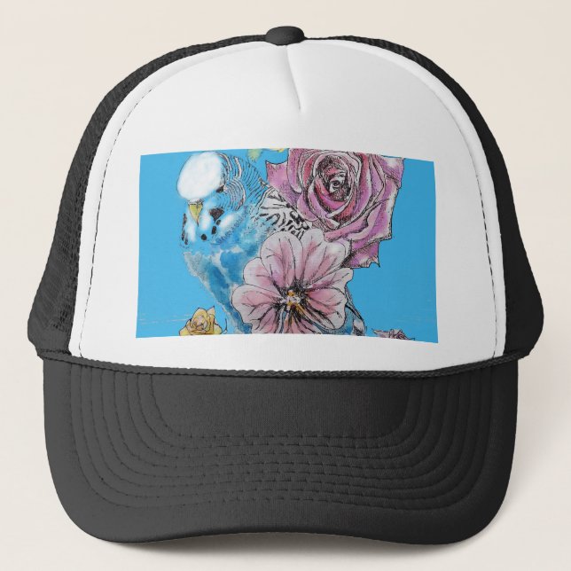 Casquette Blue Budgie Budgerigar Rose aquarelle art floral (Devant)