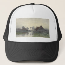 Boer Homes sur l'eau dans le brouillard matinal