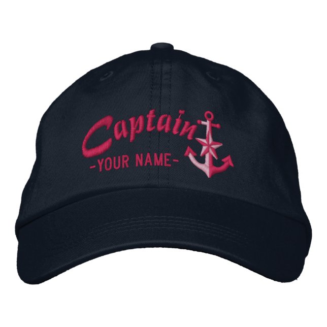 Casquette Brodée Capitaine Personnalisé Ancre Nautique Nom Fuchsia (Devant)