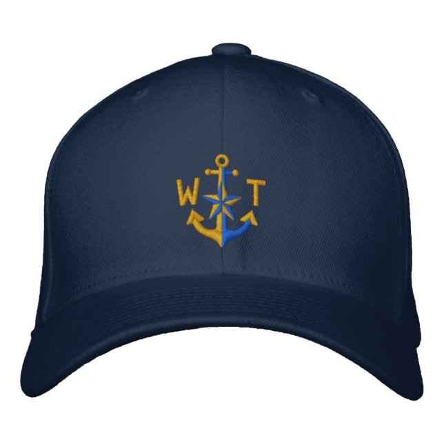 Casquette Brodée Monogramme d'Ancre dorée étoile nautique personnal (Devant)