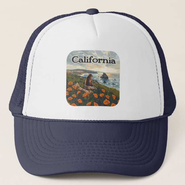 Casquette Californie Bear Poppies Fleurs Côte Retro (Devant)