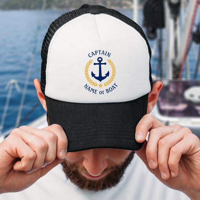 Casquette Capitaine Votre nom de bateau Ancre Gold Laurel St (Your Name or Boat Name. Several colors to choose from.)