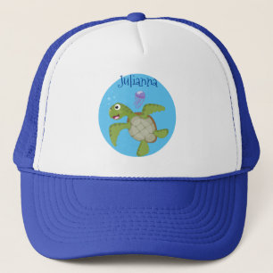 Casquette Caricature joyeuse de tortue de mer verte mignonne