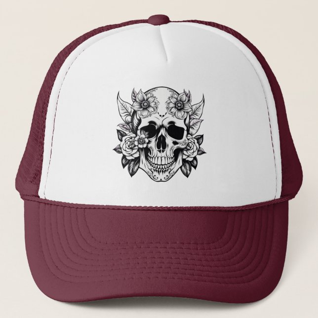 Casquette Chapeau de camion à crâne floral (Devant)
