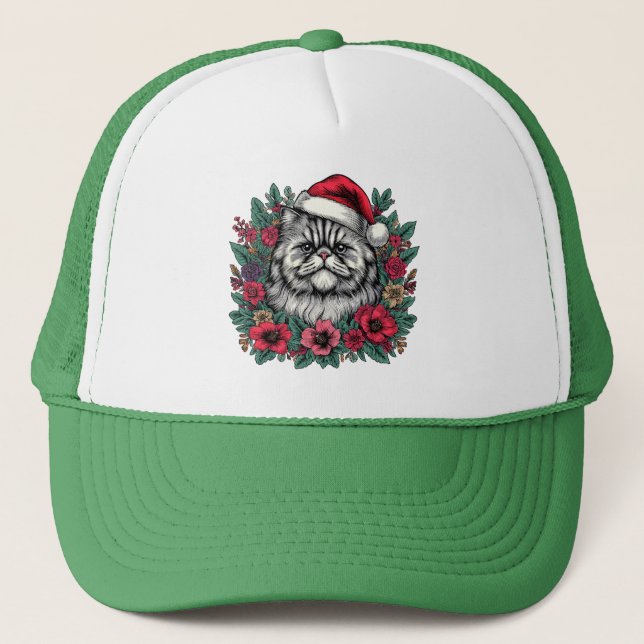 Casquette Chat persan de Noël, Père Noël Floral Kitty persan (Devant)