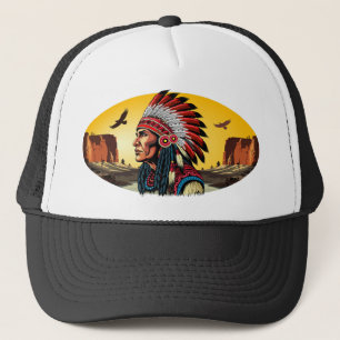Casquette Chef amérindien sur paysage sauvage coucher de sol