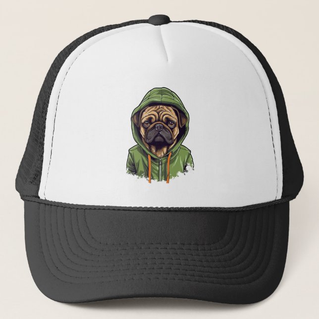 Casquette Chien carlin portant Sweat - shirt à capuche vert (Devant)