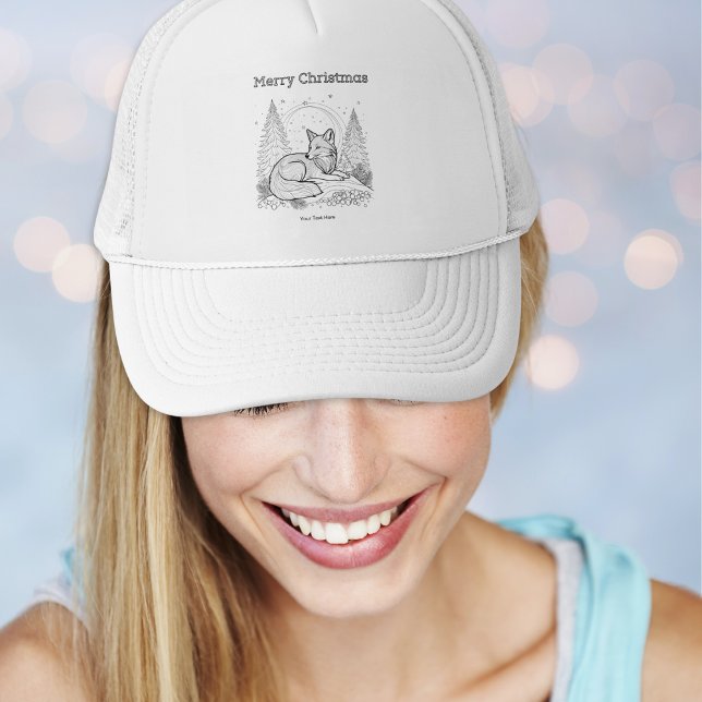 Casquette Christmas Fox Line Art Paysage faunique (A personalized festive trucker hat with winter fox design and 'Merry Christmas' words)