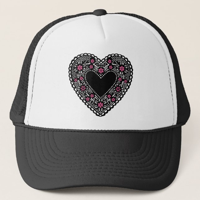 Casquette Coeur de dentelle noir et rose (Devant)