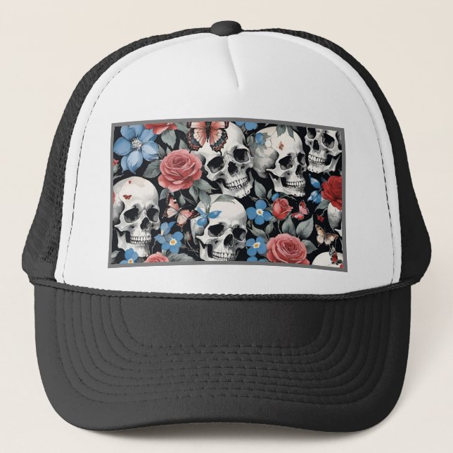 Casquette Crânes Roses et Oubliez-moi-non Noir (Devant)
