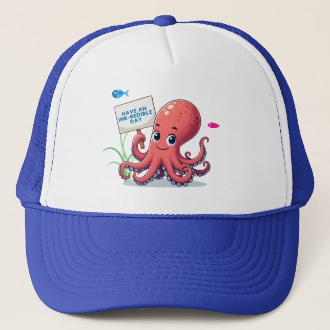 Casquette Cute, poulpe caricaturale avec poisson (Devant)