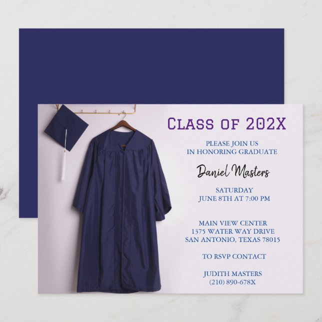 Casquette de graduation bleu marine et invitations (Devant / Derrière)