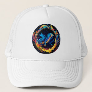 Casquette Dragon Bleu Magique Entouré de Flammes Mystiques