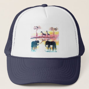 Casquette Elephant, Giraffe Safari Sunset Art