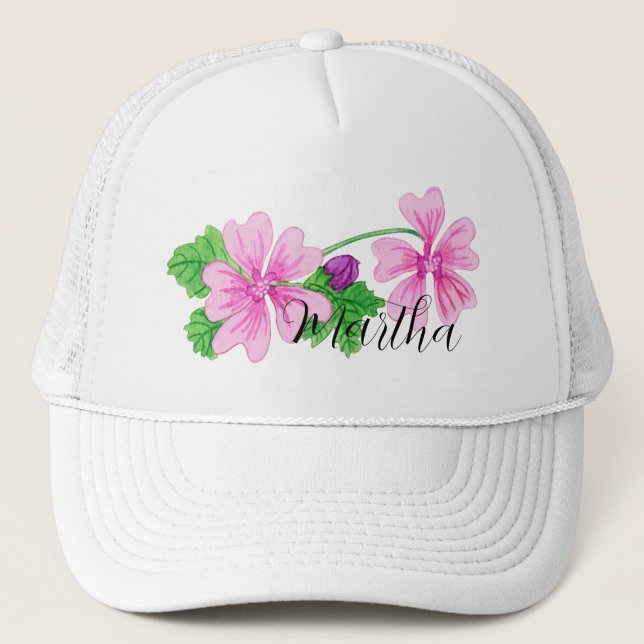Casquette Fleur d'aquarelle rose avec le nom Trucker Hat (Devant)