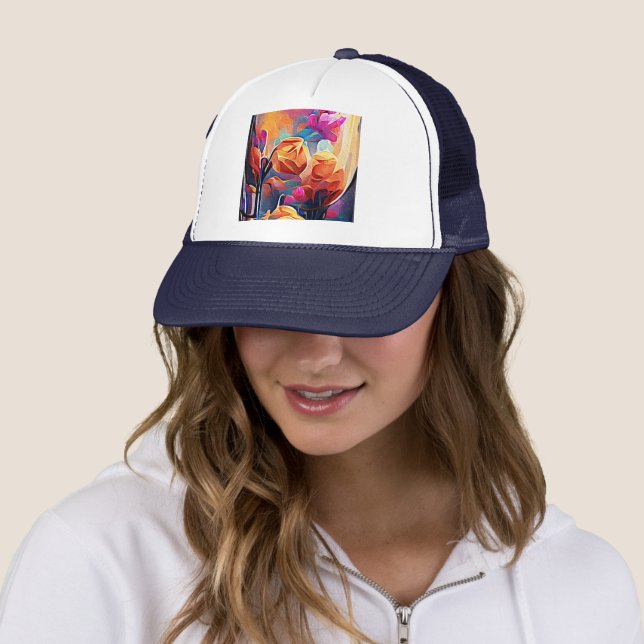 Casquette Floral Abstract Art Orange Red Blue Flowers (En situation)