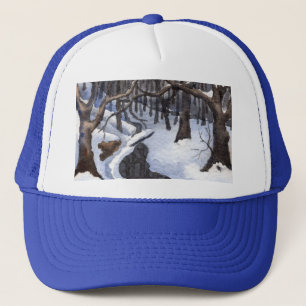Casquette Flux forestier et arbres dans une tempête de neige