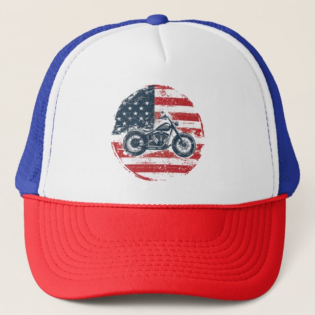 Casquette Freedom Ride : Moto rétro et drapeau américain (Devant)