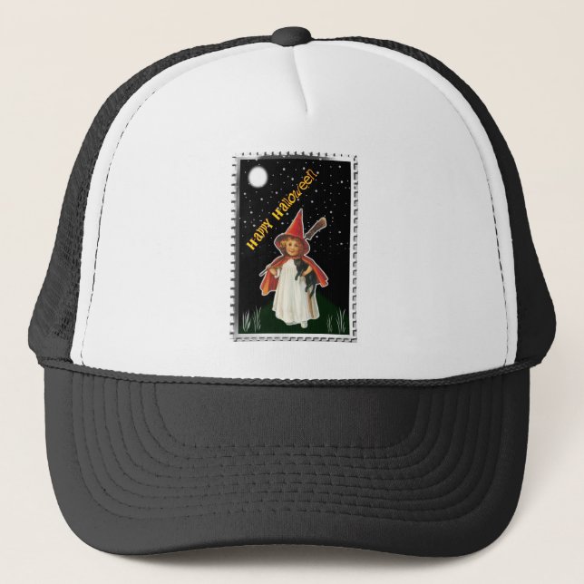Casquette Halloween - Petite fille avec chambre et chat noir (Devant)
