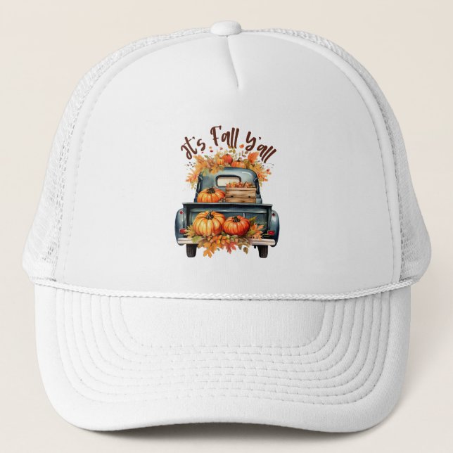 Casquette Happy Fall Y'all - Camion rustique avec Citrouille (Devant)