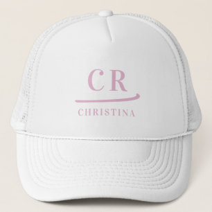 Casquette Initiales Monogramme Nom Minimaliste Rose & Blanc