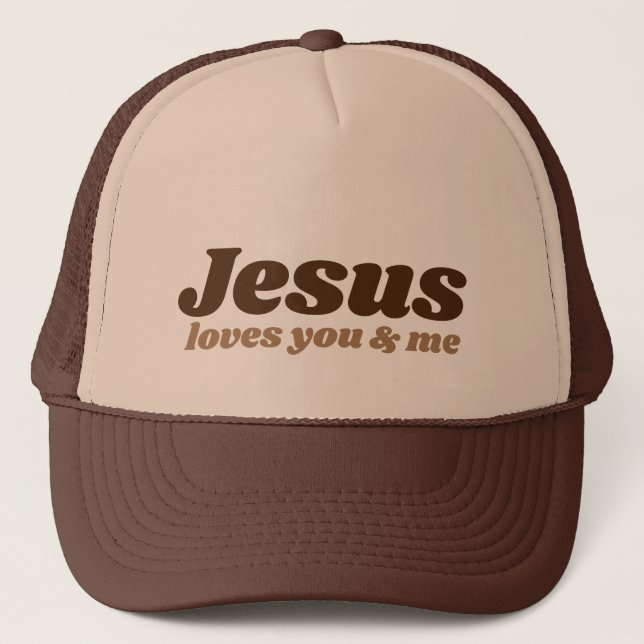 Casquette Jesus Loves You & Me - chapeau camionneur (brun &  (Devant)