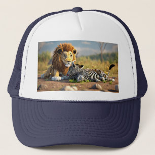 Casquette Lion de dessin animé 3D mangeant un zèbre – Scène