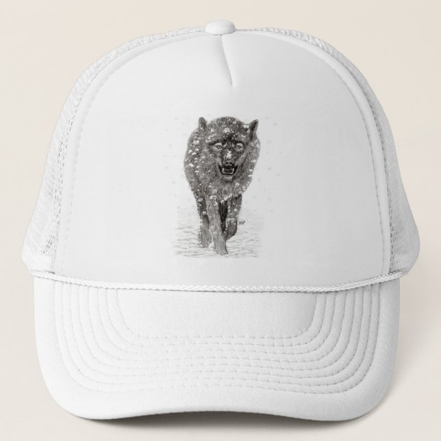 Casquette Loup noir en colère dans la neige, hiver sauvage (Devant)