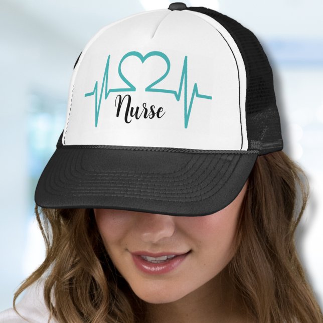 Casquette Médecin Médicale simple et moderne infirmière (Teal Blue Modern Heart Beat EKG Line Medical Nurse Trucker Hat)