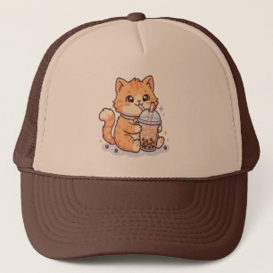 Casquette Mignon Chat Tigre Orange Kawaii Buvant du Boba Bub
