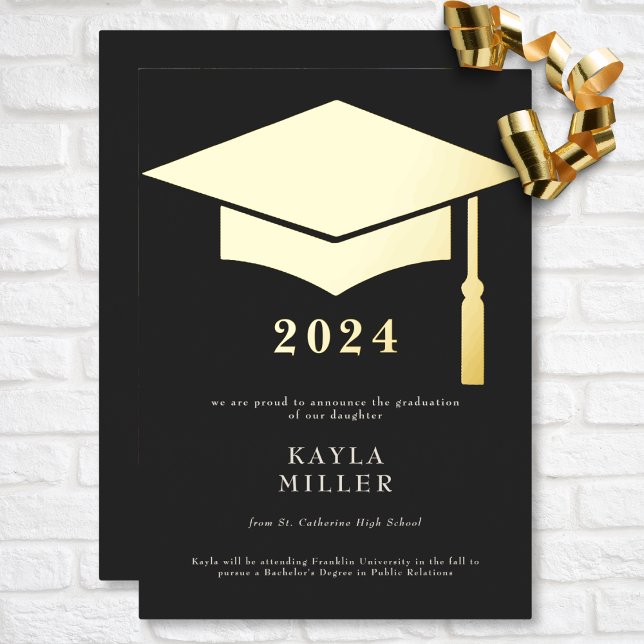 Casquette minimum noir et blanc or Faire-part Grad (Minimal Black & White Gold Cap Graduation Foil Invitation)