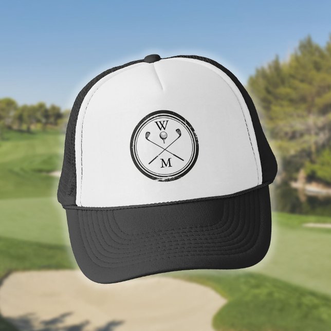 Casquette Monogramme Initiales Golf noir et blanc (Monogram Initials Black and White Golf Trucker Hat)