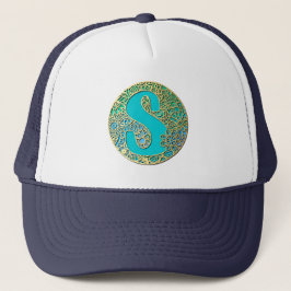 Casquette Monogramme Or et Turquoise S et Fleurs colorées
