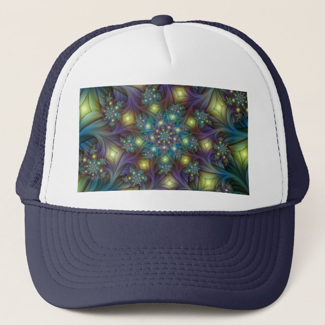Casquette Motif fractal bleu moderne éclairé (Devant)