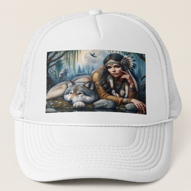 Casquette Mystique Une Femme Amérindienne Avec Loups 5x7 (Devant)