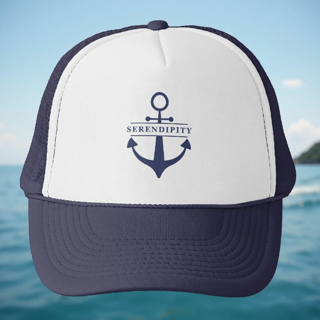 Casquette Nom du bateau Ancre Marine Bleu Blanc Personnalisé (personalized hat boat name captain nautical coastal beach ocean sea waterfront yacht gift)