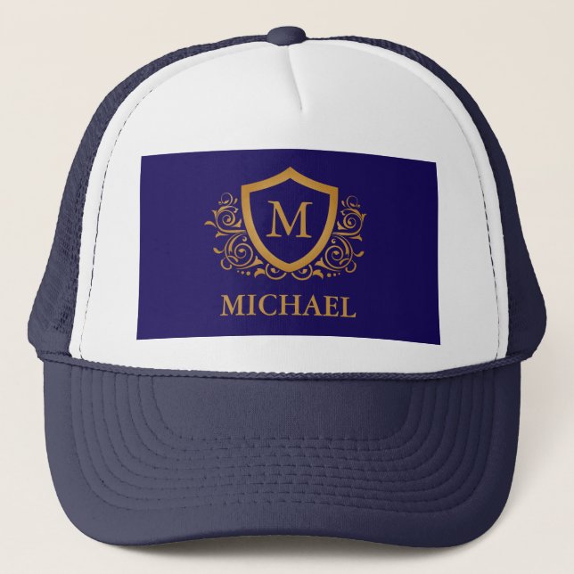 Casquette Nom du monogramme personnalisé bleu et or de la ma (Devant)