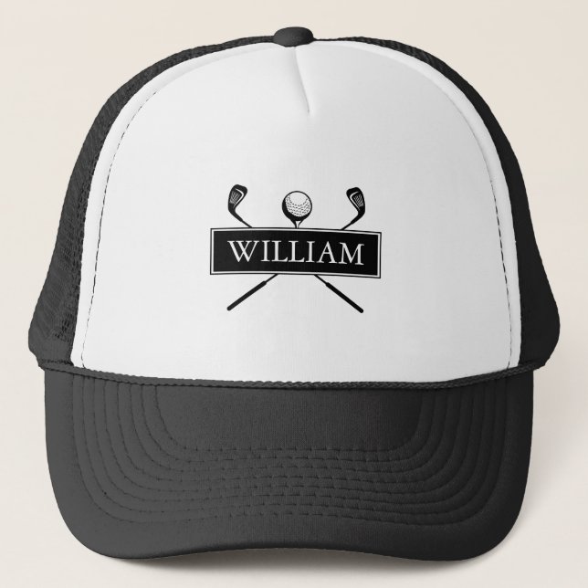 Casquette Nom Personnalisé Black White Golf Ball Et Clubs (Devant)