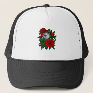 Casquette Oiseau sur un bouquet de pivoine rouge