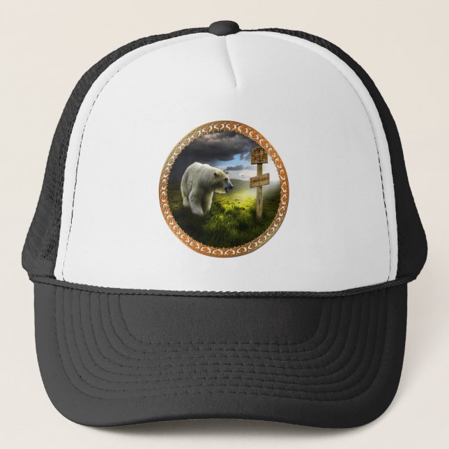 Casquette ours polaire regardant le panneau en bois du pôle  (Devant)