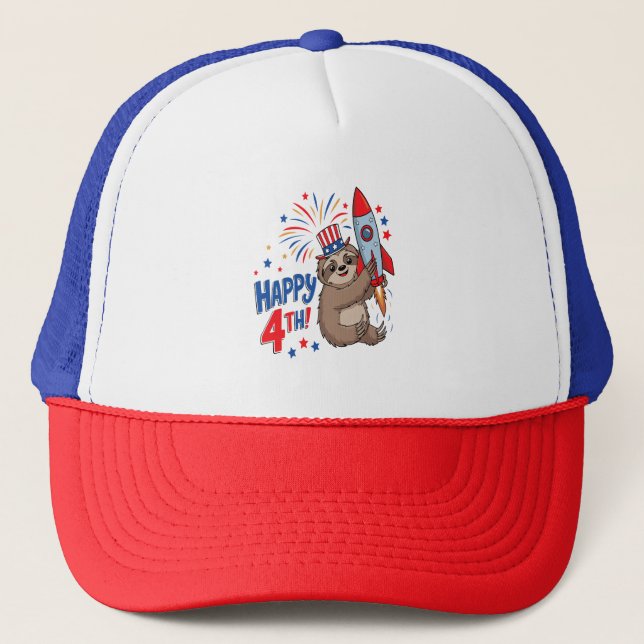 Casquette Paresseux Happy 4th Feux d'artifice Fusée USA (Devant)