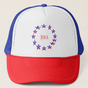 Casquette patriotique bleu-blanc rouge.