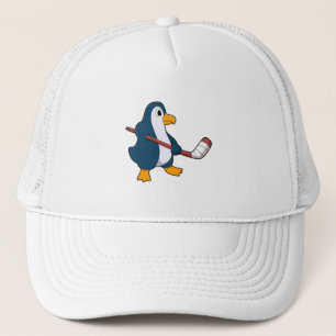 Casquette Pingouin au hockey sur glace avec bâton de hockey 