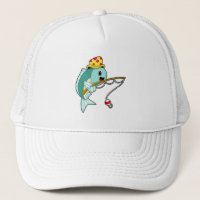 Poisson à la pêche avec bâton de pêche et Casquett